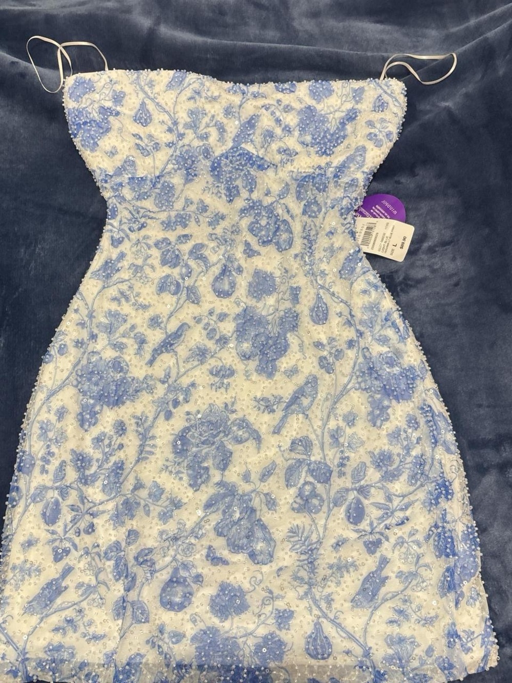 Windsor White Mini Dress with Light Blue Beaded Floral Embroidery